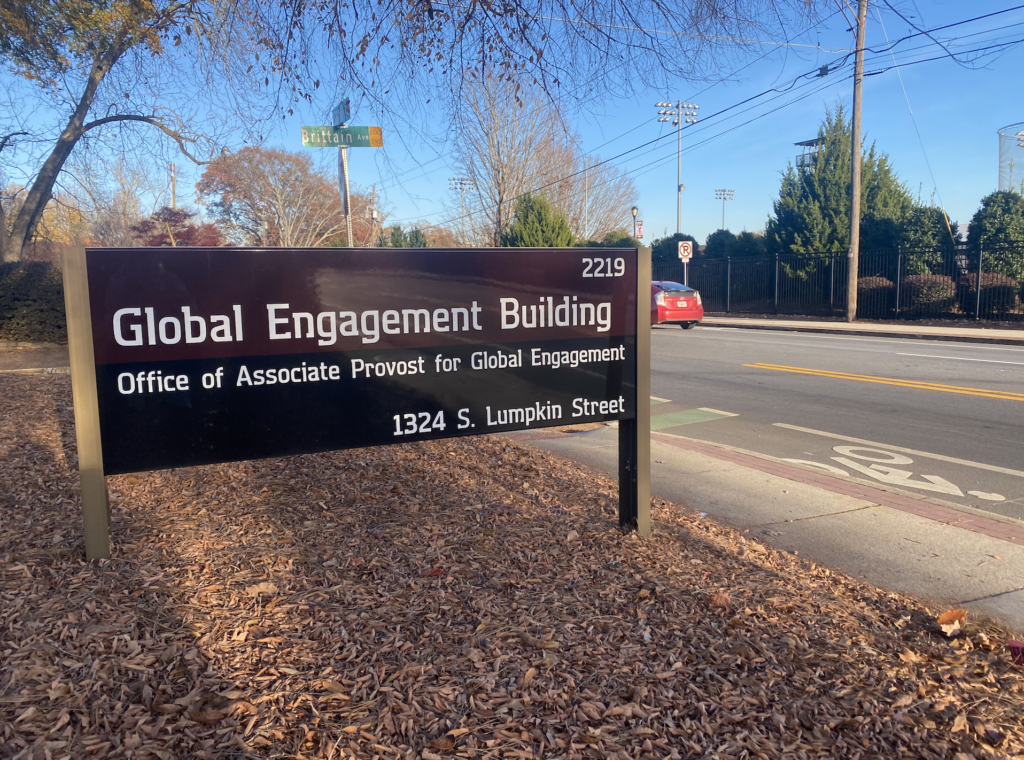 Photo of the entry sign for the Global Engagement Building at the University of Georgia.