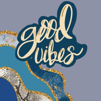 Cream script on a navy background with words "Good Vibes" with background featuring patterns