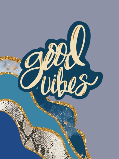 Cream script on a navy background with words "Good Vibes" with background featuring patterns