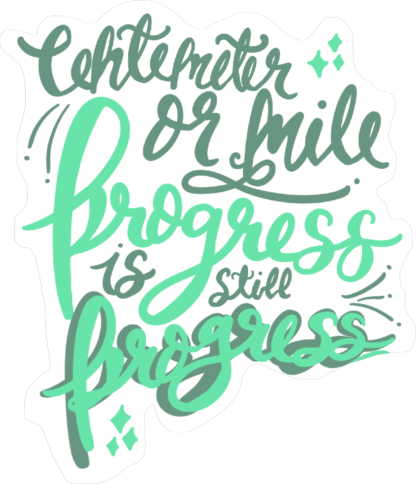 Green and teal handlettering with the words "Centimeter or mile, progress is still progress"